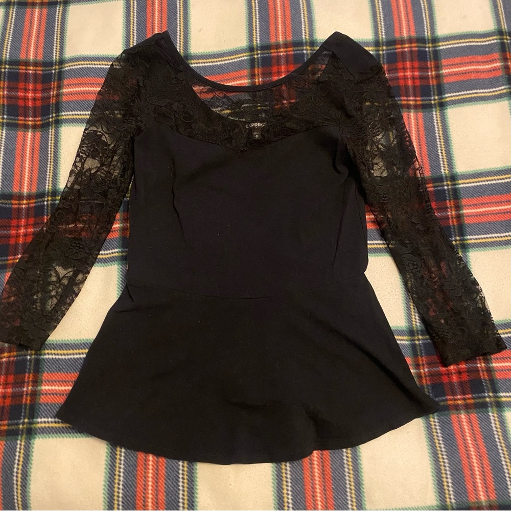 Black pleated top with lace sleeves